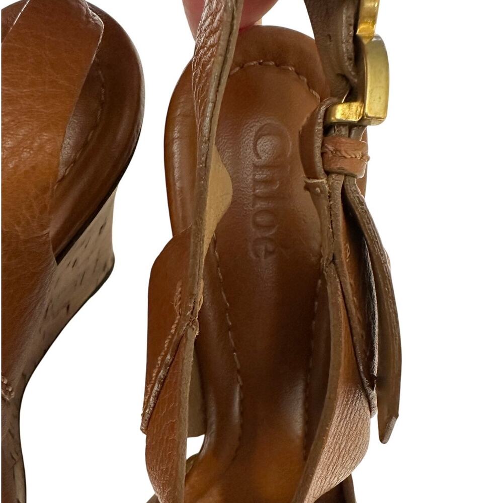 Chloe Brown Platform Sandals Leather Ankle Strap Cork Wedge - Picture 2 of 10